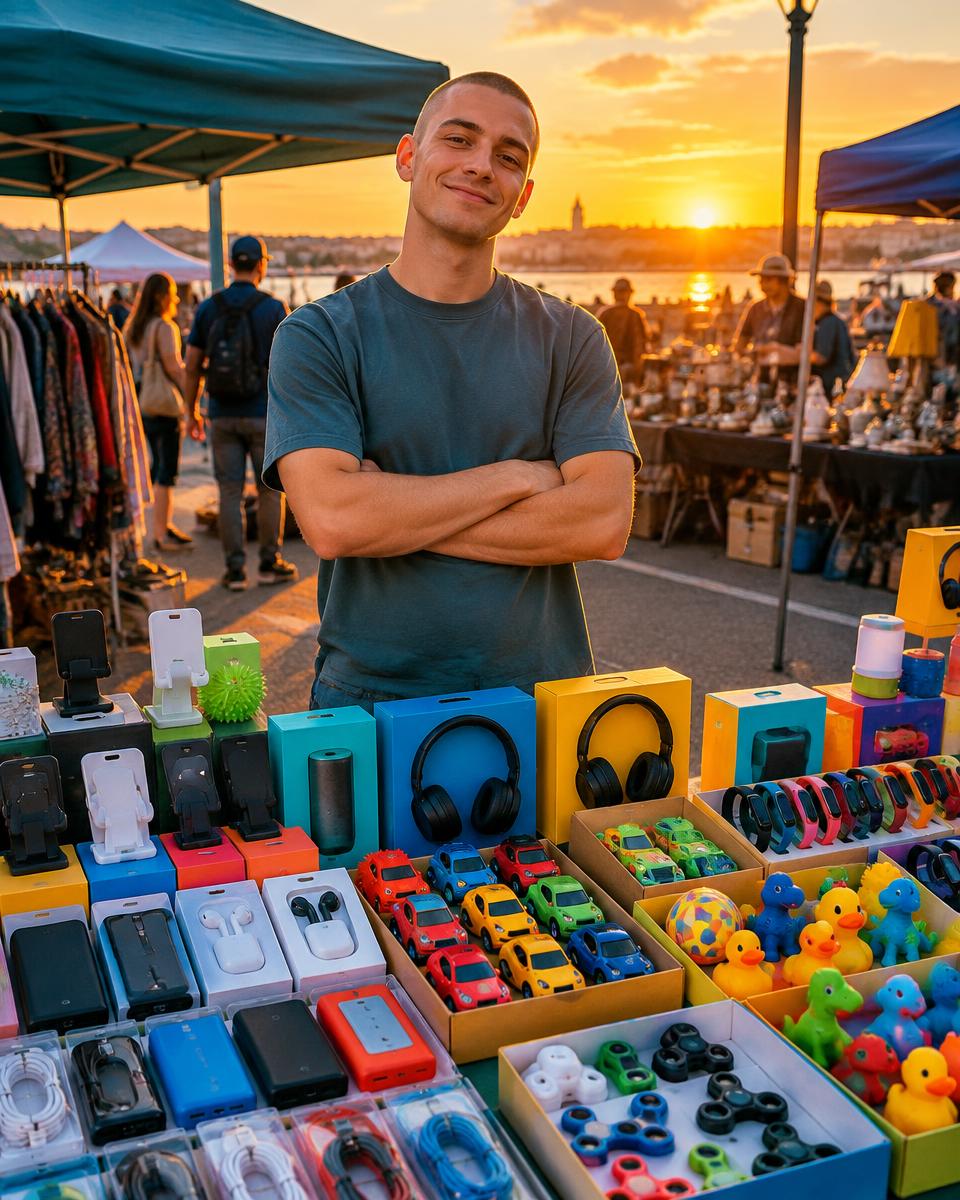 A vendor at a market stall with goods sourced from liquidation pallets